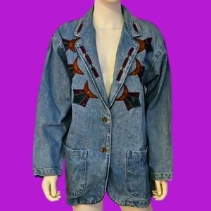 VTG SUNBELT 1980s Denim Oversized Southwestern Applique Topper Jacket